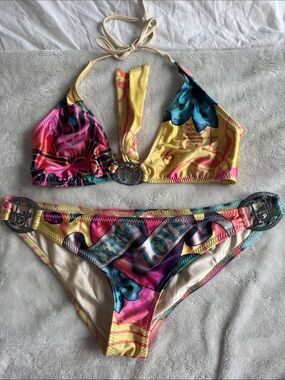 Ed Hardy Multicolor Tattoo-Print Halter Bikini - Yellow, Pink, Teal